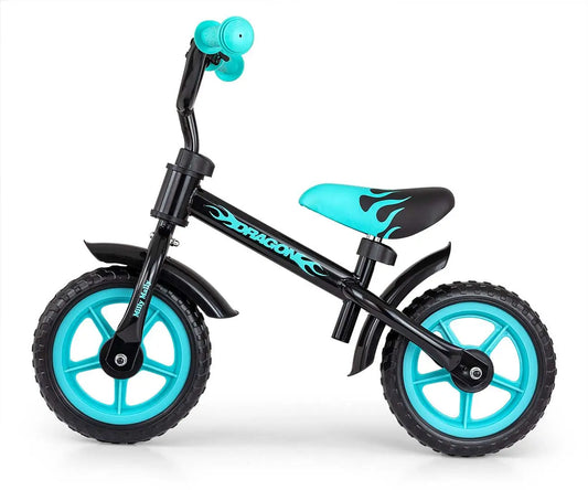 A Milly Mally Dragon balance bike for children aged 2, featuring a sturdy metal frame, adjustable seat and handlebar heights, non-slip grips, ball-bearing rear wheels, maintenance-free EVA foam wheels, and a 10-inch wheel diameter.