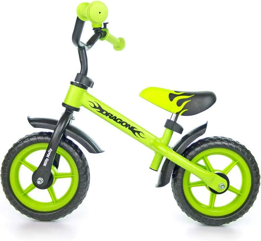 A Milly Mally Dragon balance bike for children aged 2+, featuring a stable metal frame, adjustable seat and handlebar heights, non-slip grips, EVA foam wheels, and a maximum weight capacity of 20 kg.