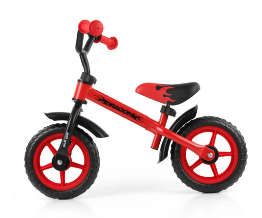 A red and black balance bike featuring a stable metal frame, adjustable seat and handlebar heights, non-slip grips, ball-bearing rear wheels, and maintenance-free EVA foam wheels. Ideal for children aged 2 and up.