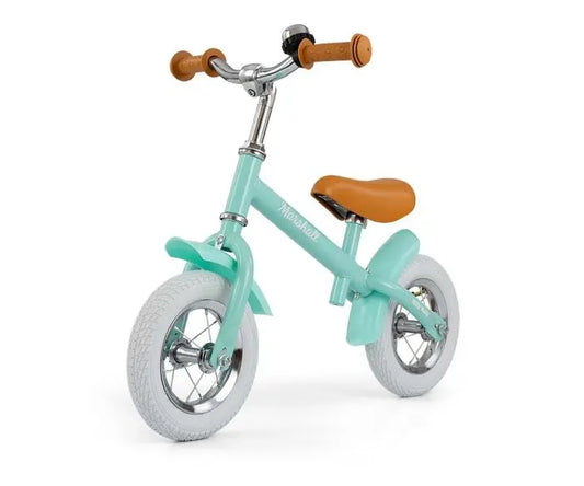 MARSHALL Balance Bike: Blue and white bike with adjustable saddle and handlebar, 10 air tires, sturdy frame, soft saddle, and non-slip grips. Develops balance and motor skills. Ages 2+, 20 kg max load.