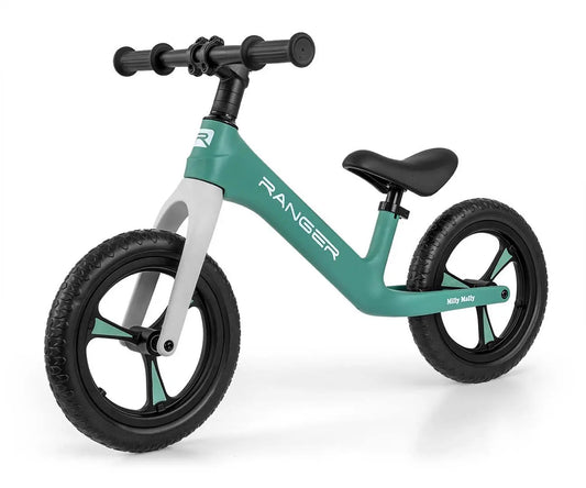 A green and black balance bike with adjustable seat height, bearing-mounted steering, lightweight frame, slip-resistant handles, soft contoured seat, and puncture-proof 12-inch EVA wheels. Ideal for children aged 2 and up.