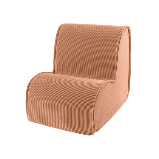 A brown corduroy armchair designed for children, featuring a washable cover and ergonomic shape for comfort and proper posture. Dimensions: 40x60x50 cm. Made in Europe.