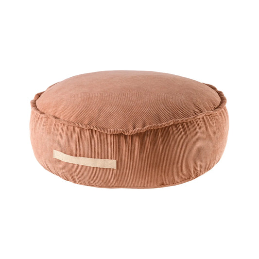 A round corduroy pouf with a white stripe and brown band, designed for children's comfort and play. Features foam filling, washable cover, and European craftsmanship.