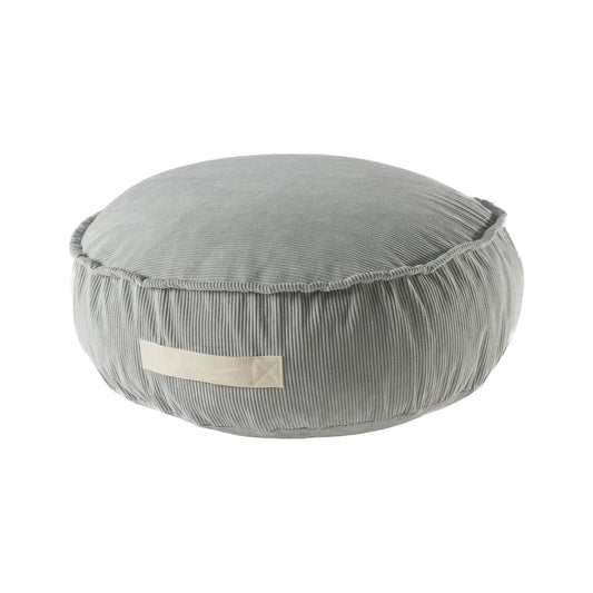 A grey round pouf with a white band, designed for children's spaces. Features corduroy fabric, foam filling, and a washable cover for easy maintenance. Dimensions: 65cm diameter, 20cm height.