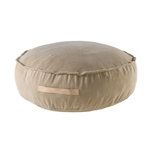 A round corduroy pouf with a strap, close-ups of fabric and cushion. MeowBaby® Designer Seating for Children - Sand, washable cover, foam filling, 65 cm diameter, 20 cm height.