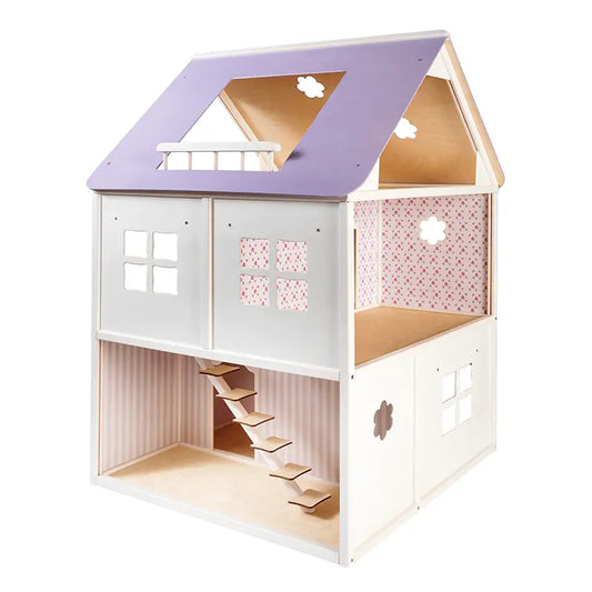A white and purple dollhouse with versatile room openings, customizable with Rose doll furniture. Handmade from wood, encouraging cooperative play, and measuring 101 cm in height.