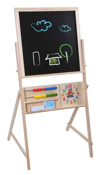 Double Face Board with clock, abacus, and drawings on chalkboard. Encourages creative expression for kids. Includes chalk and eraser. Dimensions: 110 x 58 x 54 cm. From Gerardo’s Toys.