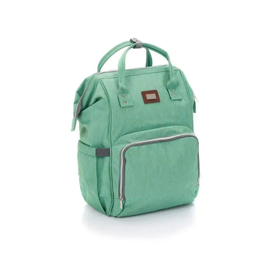A mint diaper backpack with practical pockets, spacious design, and stroller attachment capability. Includes a changing pad. Dimensions: 48 x 27 x 14 cm. Material: 100% polyester.