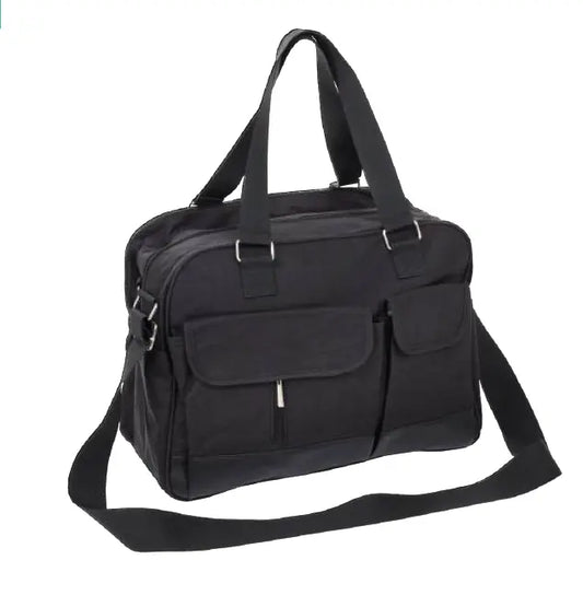 Black diaper bag with wide strap, ideal for on-the-go parents. Spacious main compartment, multiple pockets, and included changing mat. Practical features for baby care.