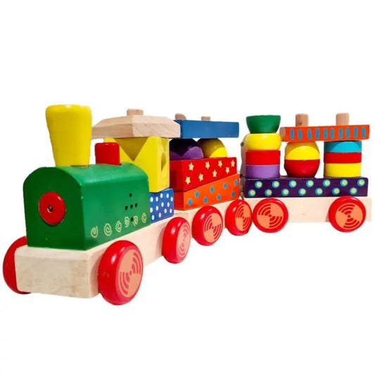 Wooden train set with colorful blocks for interactive play, realistic sounds, and educational benefits. Battery-operated for enhanced play experience. From Gerardo’s Toys.