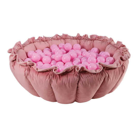 Flower Play Mat with Ball Pit - Pink, a charming 2-in-1 set inspired by nature and children’s imagination. Features a flower-shaped playmat that transforms into a ball pit with 100 balls included. Made from soft cotton and durable polyester velvet.