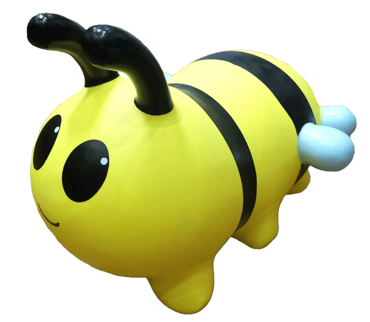 A yellow and black bee toy, My First JUMPY – Bee, a Batmobile-themed hopping animal promoting active play for kids. Includes birth certificate for personalization.