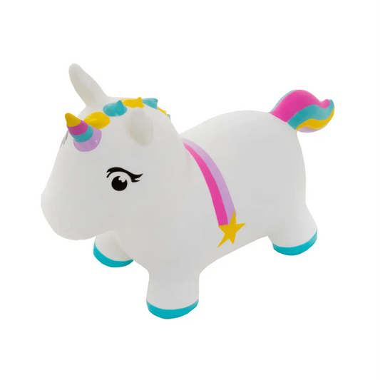 A white unicorn toy resembling a Batmobile, promoting active play for kids. Develops balance, coordination, and muscle strength. Includes birth certificate for personalization.