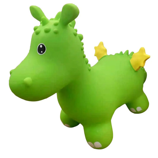 A green dragon hopper toy resembling a Batmobile, promoting active play for kids. Develops balance, strength, and coordination skills. Includes birth certificate for personalization.