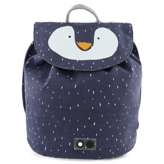 Mini Drawstring Backpack featuring Mr Penguin design, ideal for kids' adventures. Water-repellent, washable cotton blend with drawstring closure. Dimensions: 30 x 23 cm, 5 l capacity. Recommended for ages 3+.