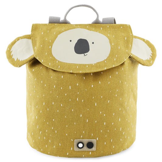 Mini Drawstring Backpack featuring Mr Koala, a yellow backpack with a koala face design. Water repellent, 100% cotton material, perfect for ages 3+, 30 x 23 cm, 5 l capacity.