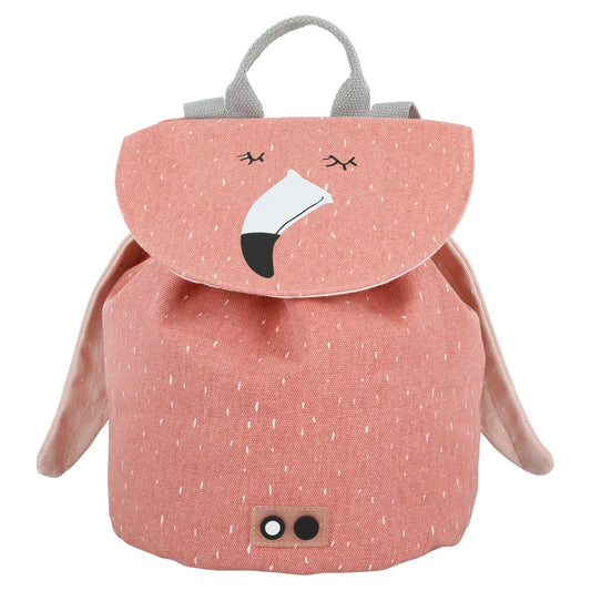 A light and roomy mini drawstring backpack featuring Mrs. Flamingo face. Ideal for young adventurers, with water repellent coating, washable material, and a convenient 5L capacity.