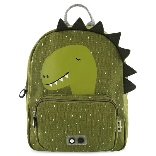 A green backpack featuring Mr. Dino, ideal for kids' adventures. Adjustable padded straps, chest strap, front pocket, and water-repellent coating. Dimensions: 31 x 23 x 10 cm, 7.5 l capacity.