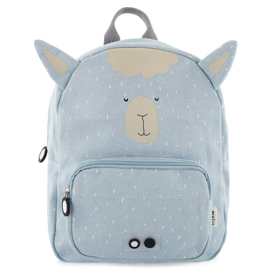 A backpack featuring a llama face design, ideal for kids' adventures. Adjustable padded straps, chest strap, spacious compartment, front pocket, water-repellent cotton material, and a name tag inside. Dimensions: 31 x 23 x 10 cm.