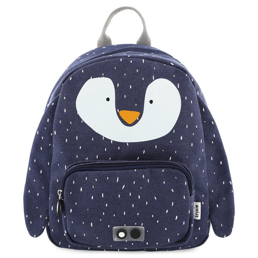 A backpack featuring Mr. Penguin design, ideal for kids' adventures. Water-repellent, adjustable straps, chest strap, spacious compartments, and name tag for easy identification. Dimensions: 31 x 23 x 10 cm.