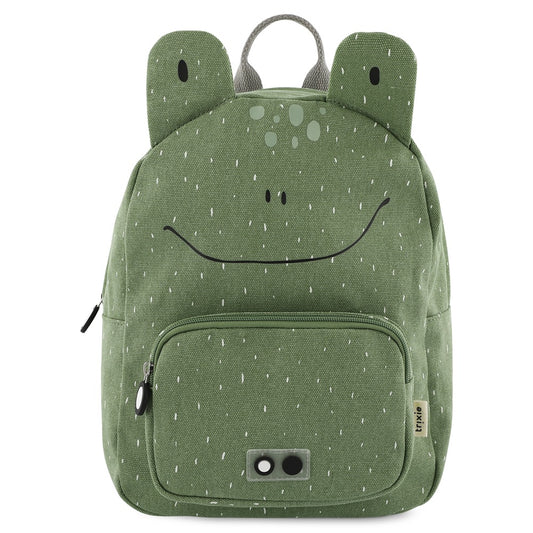 A green backpack featuring Mr. Frog design, ideal for kids' adventures. Adjustable straps, chest strap, water-repellent cotton material, spacious compartments, and a name tag for added convenience.