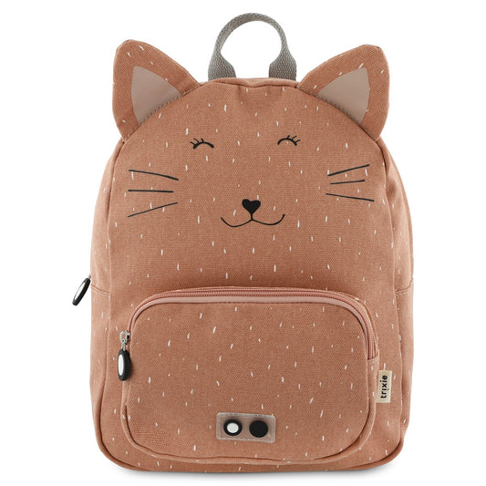 A backpack featuring a cat face design, ideal for kids' adventures. Adjustable padded straps, chest strap, water-repellent cotton material, and 7.5L capacity. Includes front pocket and name tag.
