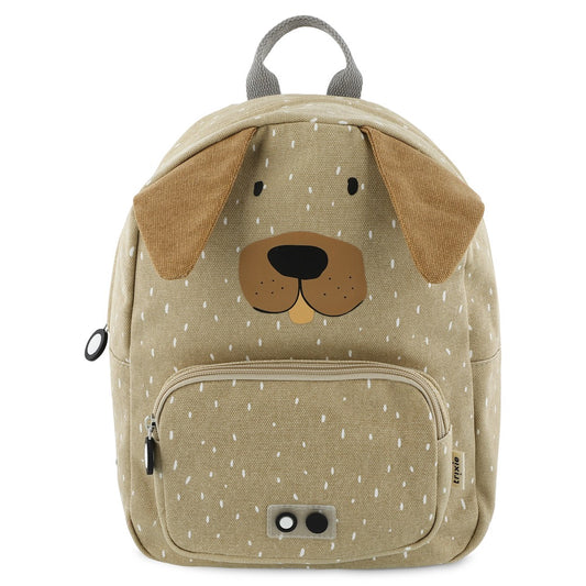 A children's backpack featuring a dog face design, adjustable padded straps, chest strap, water-repellent cotton material, and 7.5L capacity. Ideal for adventures or school trips.