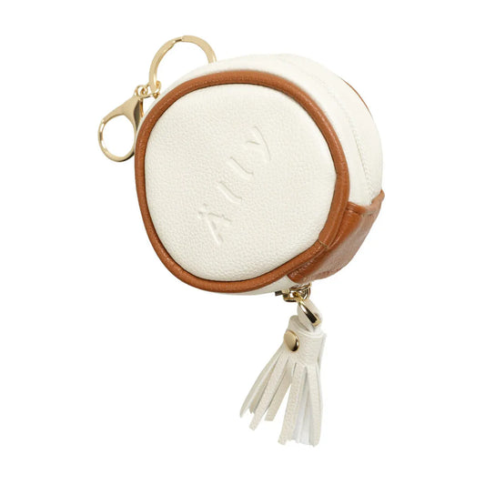 A white and brown pacifier bag from Ally Scandic, ideal for storing essentials like earphones, lip balm, and keys. Attaches easily to bags, strollers, and car seats.