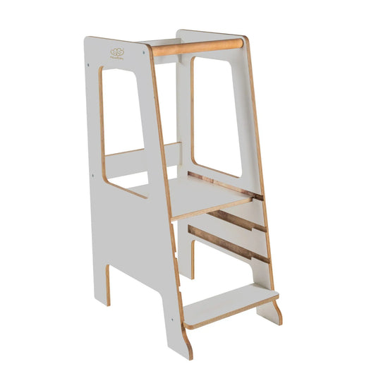 A white and brown ladder, a white chair with a wooden frame, a whiteboard, a white board with a wooden frame, a white and brown wooden shelf, and a white and wood step stool.