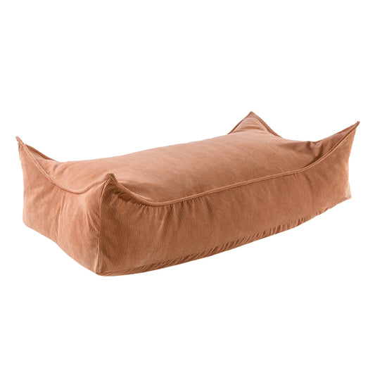 A close-up of a brown corduroy rectangular pouf for children, inviting play and relaxation. Dimensions: 120x60x35 cm, with a washable cover and separate filling insert.