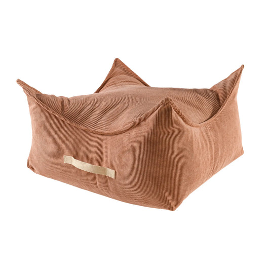 A brown corduroy square pouf for children, encouraging play and creativity. Features a washable cover, separate filling insert, and unique design for fun and learning. Dimensions: 60x60x35/20 cm.