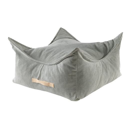 A grey and white corduroy square pouf for children, featuring a removable cover for easy cleaning. Educational and fun design encourages independent play. Dimensions: 60x60x35 cm.