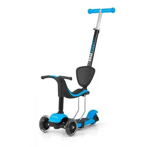A versatile 3-in-1 Scooter LITTLE STAR - Blue for kids 18+ months. Features a seat for 20 kg, standing board for 50 kg, adjustable handlebar, and light-up front wheels. Safety gear recommended.