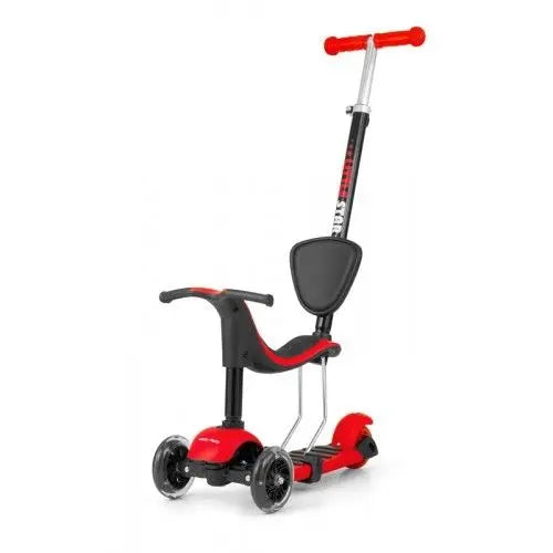 A 3-in-1 Scooter LITTLE STAR - Red for kids 18+ months. Supports 20 kg on seat, 50 kg on standing board. Front wheels light up, adjustable handlebar. Safety gear recommended.