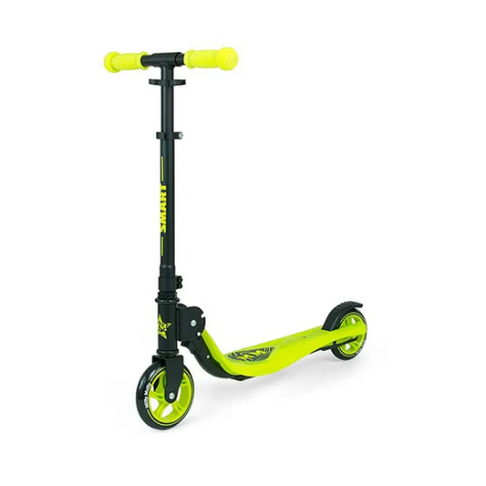 A green and black Scooter SMART with innovative quick-folding system, adjustable handlebar, ABEC-5 bearings, PU wheels, aluminum handlebars, anti-slip board, and 50 kg capacity.
