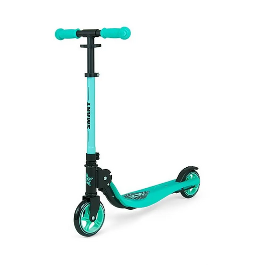 A lightweight and foldable Scooter SMART - Mint with adjustable handlebar height, ABEC-5 bearings, PU wheels, rear wheel brake, and anti-slip surface. Maximum weight capacity of 50 kg.