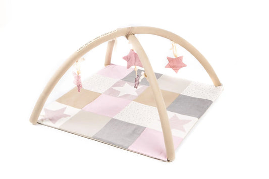 Handmade Small Baby Activity Mat with interactive arches and starry sky design, stimulating sensory exploration. Includes detachable toys and ecologic cotton. Prioritizing 80x80 cm - Pink.