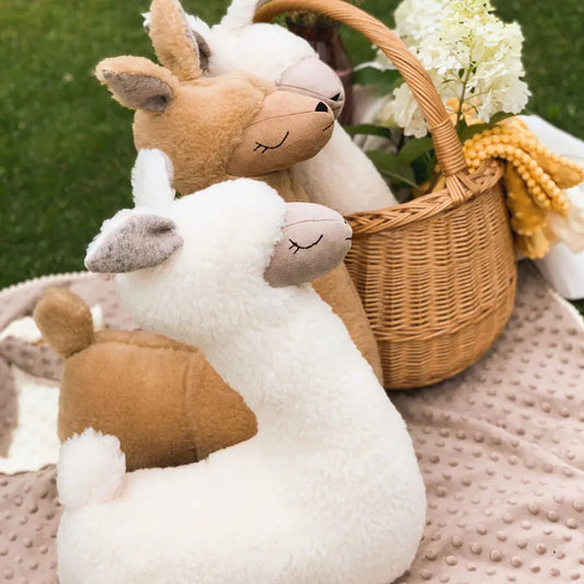 Handmade Soft Toy-Pillow Alpaca in Cream, a 50cm plush toy and pillow. Vegan fur, hypoallergenic, perfect for travel, comforting bedtime buddy, and decorative accent. Easy to wash. Made in Europe.
