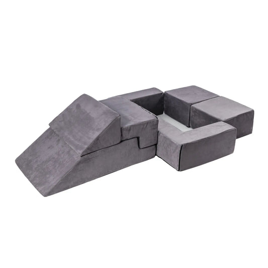 Velvet Bricks Set - Multifunctional Playground for Children - Grey. Soft foam blocks for safe, creative play. High-quality velvet covers, safe shapes, and versatile configurations. Ideal for active kids and educational spaces.