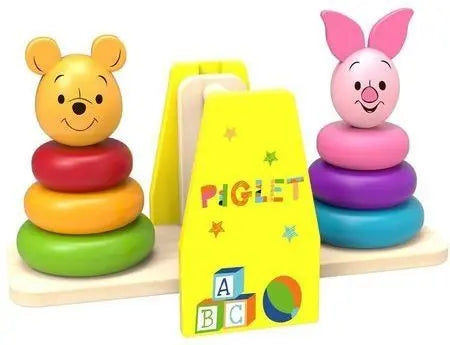 Wooden Animal Balance Game featuring Winnie Balance Stacker toy bear on a stacking ring, swing for animal figures, and educational play promoting balance and coordination in children.