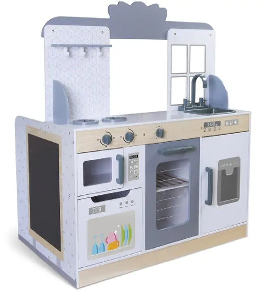 Wooden 2in1 Play Kitchen & Diner set: Toy kitchen with sink, stove, fridge, and microwave. Encourages creativity and role-play with dual functionality and included accessories. Dimensions: 110 x 61.5 x 92.5 cm.