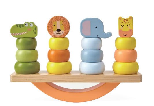 Wooden Animal Balance Game featuring animal faces on stacking rings, encouraging balance and coordination in children's play. Educational, compact, and quality-assured for imaginative learning and skill development.