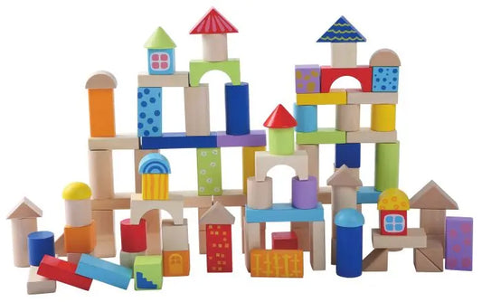 Wooden Building Blocks Set by Gerardo’s Toys: A collection of 100 colorful blocks in various shapes for creative play and educational benefits. Dimensions: 19 x 19 x 27.5 cm.