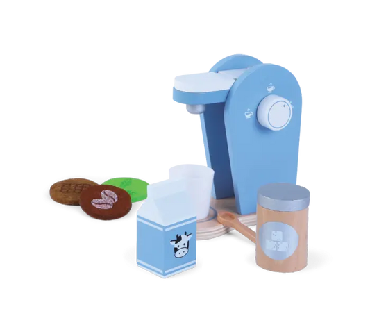 A wooden coffee set featuring a coffee machine, milk carton, cup, sugar cup, spoon, and coffee pods for realistic pretend play. Compact at 16.2 x 9 x 17 cm, promoting motor skills and creativity.