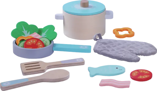 Wooden Cooking Set featuring pots, pans, utensils, and play food for realistic kitchen role-play. Educational, safe, and durable for imaginative learning experiences.