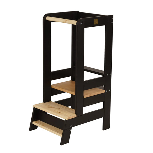 Wooden Kitchen Helper for Children - Black, a stable platform made of pine wood, adjustable height, enabling kids to engage in meal prep independently. Dimensions: 90 cm height, 39 cm width.