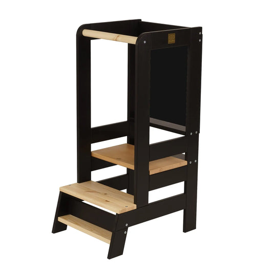 Wooden Kitchen Helper for Children with Board - Black, a stable pine wood platform for kids to safely engage in kitchen activities, featuring adjustable height settings and a minimalist design.