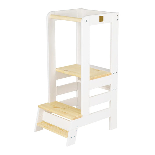 Wooden Kitchen Helper for Children, a stable platform made of pine wood with adjustable height settings for safe and independent kitchen participation. Dimensions: 90 cm height, 39 cm width, and 3 height variants.