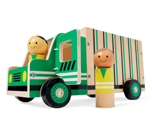 Wooden Recycling Truck with moving wheels and opening doors, includes two minifigures for imaginative play. Safe, durable, and educational, fostering creativity and exploration. Dimensions: 15 x 30 x 12.4 cm.