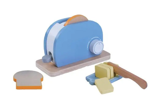 A wooden small toaster set with bread slices, butter, and knife for realistic play. Encourages creativity and motor skills development. Safe, compact, and educational.